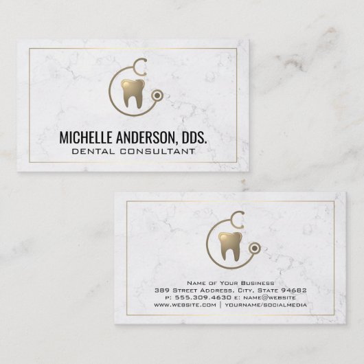 Gouden Tand Stethoscoop Logo | Marmeren Visitekaar Visitekaartje (Voorkant / Achterkant)