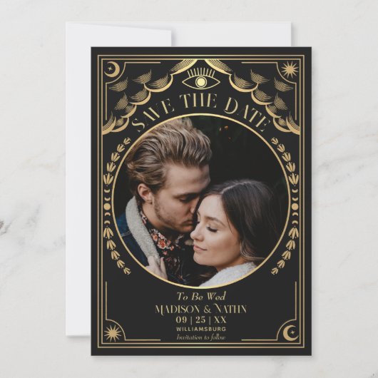 Gouden Tarot Gotische Trouwfoto Bewaar de Datum Kaart (Voorkant)