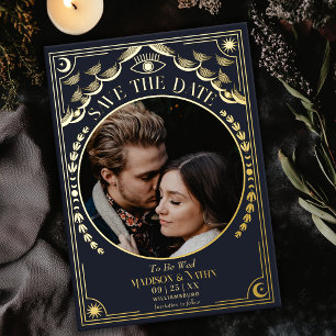 Gouden Tarot Gotische Trouwfoto Save the Date Folie Uitnodiging