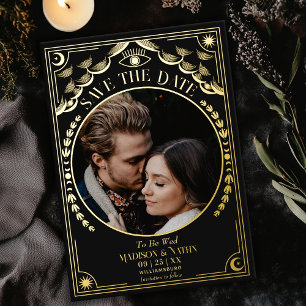 Gouden Tarot Gotische Trouwfoto Save the Date Folie Uitnodiging