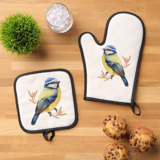 Gouden Tarwe en Blauwe Tit Ovenwant & Pannenlap Set (Top down)