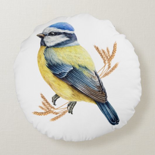 Gouden Tarwe en Blauwe Tit Rond Kussen (Achterkant)