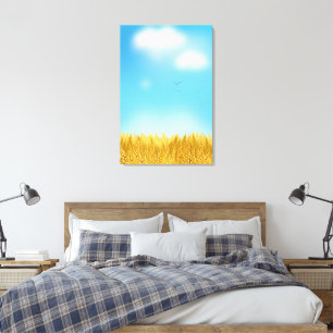 Gouden tarweveld blauwe lucht olieverfschilderij z canvas afdruk