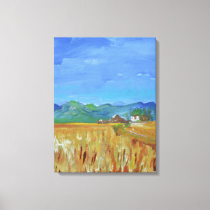 Gouden tarweveld en berglandschap canvas afdruk