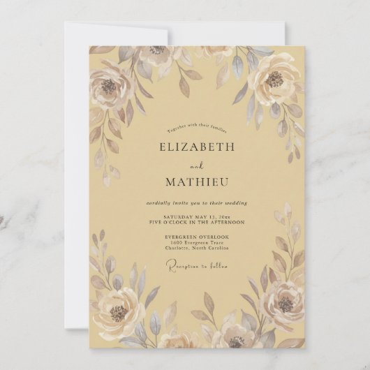 Gouden Taupe Bloom Bruiloft Kaart (Voorkant)