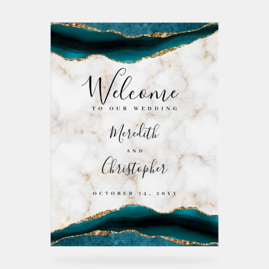 Gouden Teal Agate Marmeren Huwelijks Welkom Acryl Bord (Voorkant)