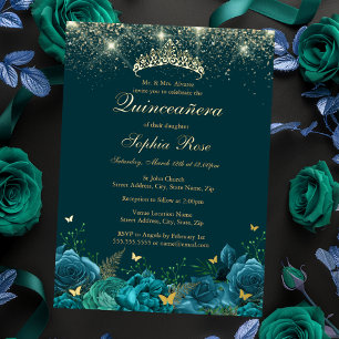 Gouden Teal Blauwe Bloemvlinder Tiara Quinceanera Folie Uitnodiging