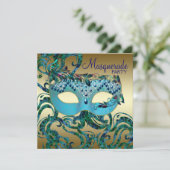 Gouden Teal Blauwe Maskerade Feest Uitnodigingen (Staand voorkant)