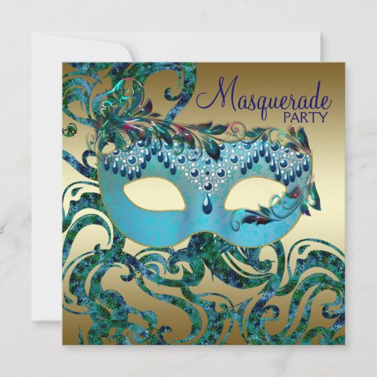 Gouden Teal Blauwe Maskerade Feest Uitnodigingen (Voorkant)