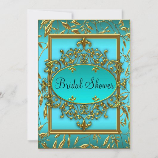 Gouden & Teal Bloemendamask Bruiloft Uitnodiging (Voorkant)