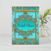 Gouden & Teal Bloemendamask Bruiloft Uitnodiging (Staand voorkant)