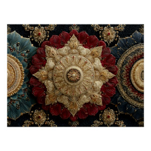 Gouden Teal Karmozijn Sierlijke Mandala Juwelen Ku Perfect Poster