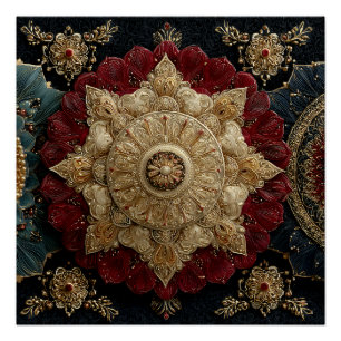 Gouden Teal Karmozijn Sierlijke Mandala Juwelen Ku Perfect Poster