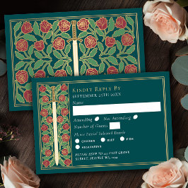 Gouden Teal Middeleeuwse Bloem Zwaard Huwelijks RS RSVP Kaartje
