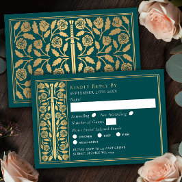 Gouden Teal Middeleeuwse Zwaard Huwelijks RSVP Kaartje
