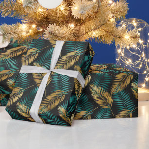 Gouden Teal Palmbladeren Luxe Tropisch Patroon Cadeaupapier