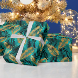 Gouden Teal Palmbladeren | Luxe Tropisch Patroon Cadeaupapier