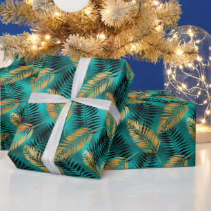 Gouden Teal Palmbladeren   Luxe Tropisch Patroon Cadeaupapier