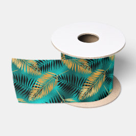 Gouden Teal Palmbladeren | Luxe Tropisch Patroon Satijnen Lint