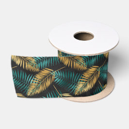 Gouden Teal Palmbladeren | Luxe Tropisch Patroon Satijnen Lint
