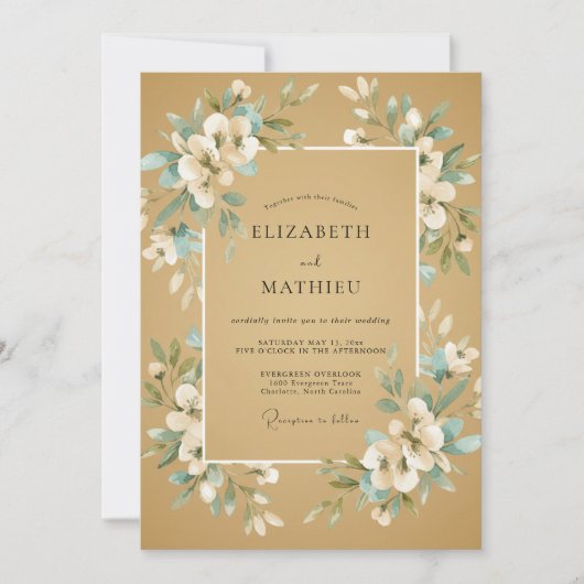 Gouden Teal Ranunculus Eucalyptus Bruiloft Kaart (Voorkant)