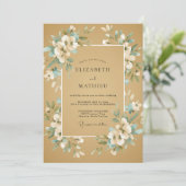 Gouden Teal Ranunculus Eucalyptus Bruiloft Kaart (Staand voorkant)