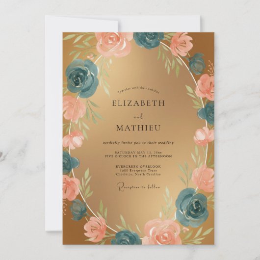 Gouden Teal Ranunculus Zachte Eucalyptus Bruiloft Kaart (Voorkant)