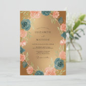 Gouden Teal Ranunculus Zachte Eucalyptus Bruiloft Kaart (Staand voorkant)