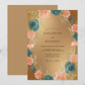 Gouden Teal Ranunculus Zachte Eucalyptus Bruiloft Kaart (Voorkant / Achterkant)