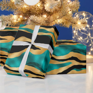 Gouden Teal Tijgerstrepen Glam Abstract Dier Cadeaupapier