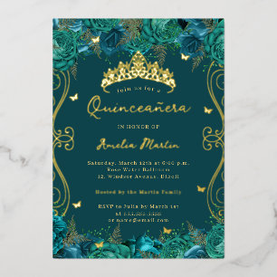 Gouden Teal Wervelende Bloemrijke Quinceanera Folie Uitnodiging