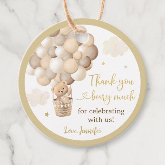 Gouden Teddybeer Hete Luchtballon Baby shower Bedankjes Labels (Voorkant)
