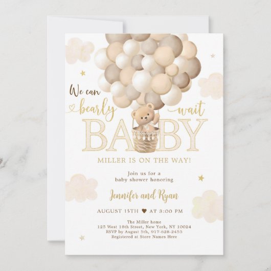 Gouden Teddybeer Hete Luchtballon Baby shower Kaart (Voorkant)