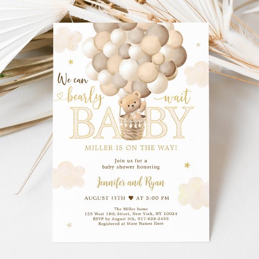 Gouden Teddybeer Hete Luchtballon Baby shower Kaart