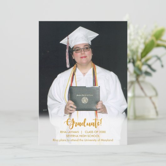 Gouden tekst Afstuderen foto Afstuderen aankondigi Kaart (Staand voorkant)