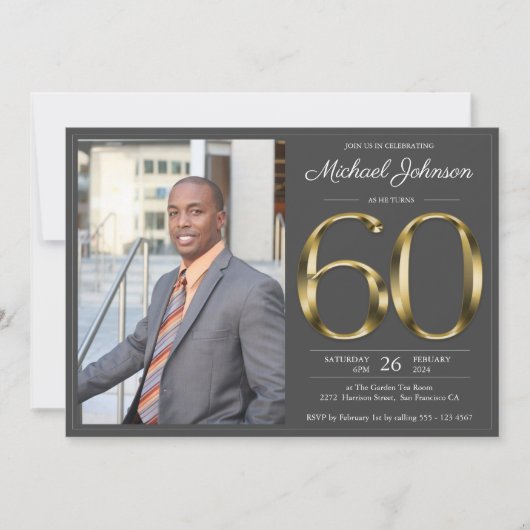 Gouden Tekst Donkergrijs Classy Foto 60ste Verjaar Kaart (Voorkant)