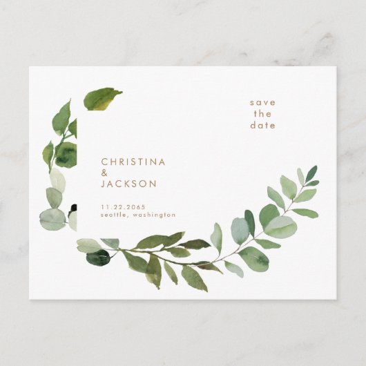 Gouden tekst Eucalyptus Trouwkaart Save the Date Briefkaart (Voorkant)