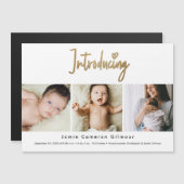 Gouden tekst Introduceert Aangepaste 3 foto Baby Magnetische Uitnodiging (Voorkant / Achterkant)