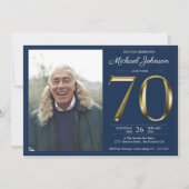 Gouden Tekst Marine Blauw Classy Foto 70e Verjaard Kaart (Voorkant)