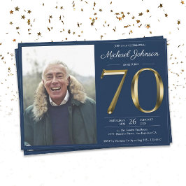 Gouden Tekst Marine Blauw Classy Foto 70e Verjaard Kaart