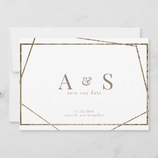 Gouden Tekst Monogram Geometrische Bruiloft Bewaar Save The Date (Voorkant)