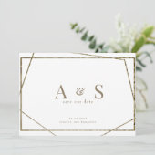 Gouden Tekst Monogram Geometrische Bruiloft Bewaar Save The Date (Staand voorkant)