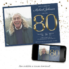 Gouden Tekst Navy Blue Classy Foto 80e Verjaardag Kaart