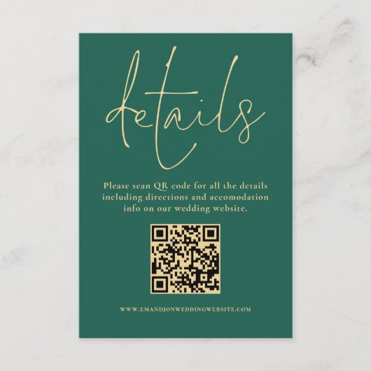 Gouden Tekst QR Code Huwelijk Smaragdgroen Details Informatiekaartje (Voorkant)