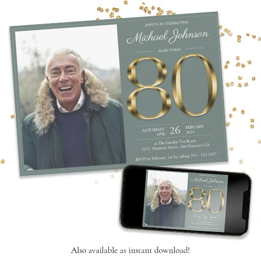 Gouden Tekst Sage Groen Classy Foto 80ste Verjaard Kaart