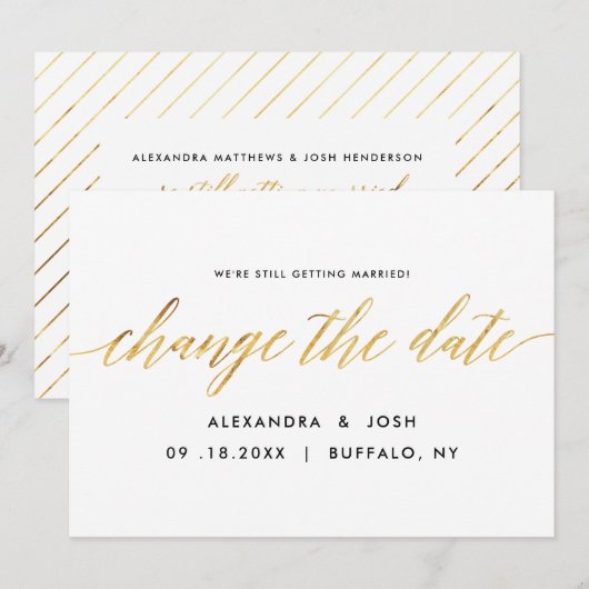 Gouden tekst Wijziging datum Uitstel van het huwel Save The Date (Voorkant / Achterkant)
