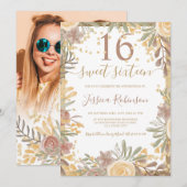 Gouden terracotta floral waterverf Sweet 16 foto Kaart (Voorkant / Achterkant)