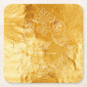 Gouden Textuur  Monogram Crest Bruiloft Logo Kartonnen Onderzetters