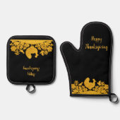 Gouden Thanksgiving Turkije Bloemen Ovenwant & Pannenlap Set (Voorkant)