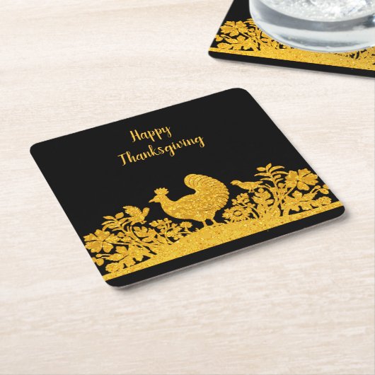 Gouden Thanksgiving Turkije Bloemenpapier Onderzet Kartonnen Onderzetters (Schuin)